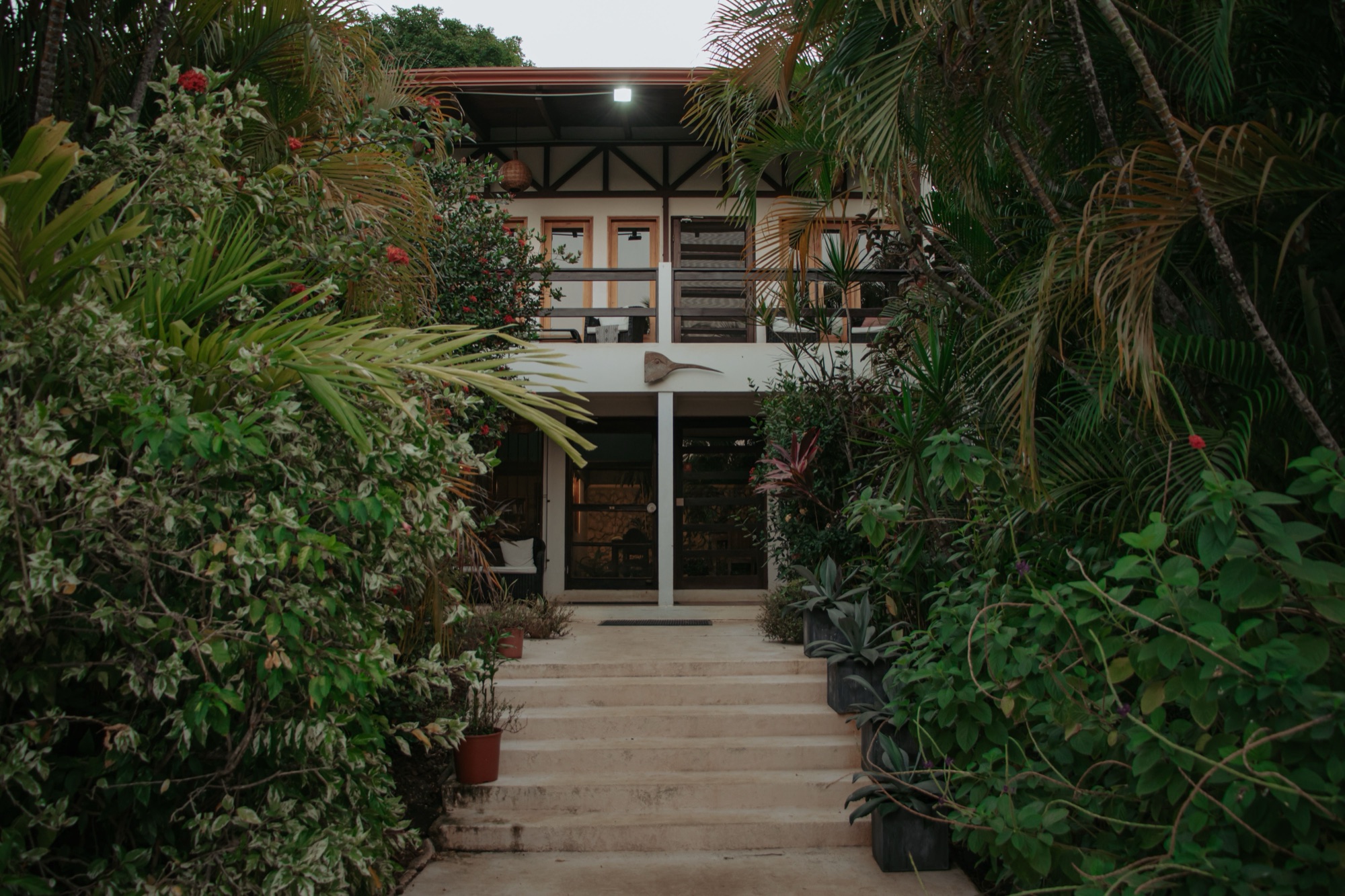 Entrada de un hotel rodeada de vegetación tropical en Costa Rica